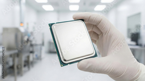 Close-up of a hand in a sterile glove holding a big modern blank computer processor in a cleanroom laboratory.