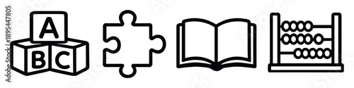 Kids learning materials in linear style: alphabet block, puzzle piece, book, abacus. Vector icons