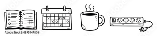 Distributed team daily essentials in doodle style: planner, wall calendar, coffee mug, power strip. Vector icons