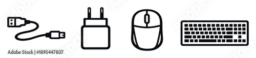 Daily tech accessories in linear style: USB cable, charging adapter, mouse, keyboard. Vector icons