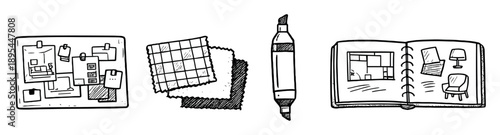 Interior designer creative desk items in doodle style: mood board, fabric sample, marker, notebook. Vector icons