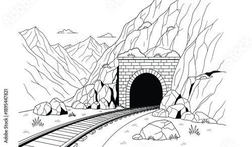 A black and white illustration of a train tunnel in a mountainous landscape with railroad tracks leading into the tunnel
