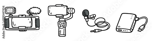 Independent video creator kit in doodle style: smartphone rig, handheld gimbal, clip-on microphone, power bank. Vector icons