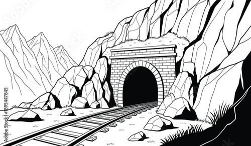 A black and white illustration of a train tunnel entrance in a rocky mountain range with railroad tracks leading to the tunnel