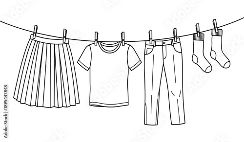 Clothing items hanging on a clothesline with a skirt, tshirt, pants, and socks