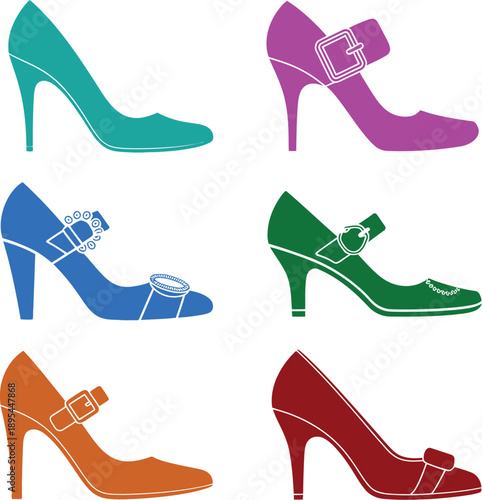 Fashion Silhouette Vector Featuring 6 High-Heeled Shoes in Teal, Purple, Blue, Orange, Green, and Red with Unique Designs