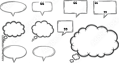 Speech bubble icons, thought cloud, comic style, hand-drawn outline, dialogue frame, sketchy design, quote box, casual graphic, cartoon UI, minimal shape, outlined symbol, black line 