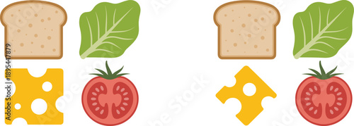 Sandwich Ingredients Flat Illustration Set Featuring Bread, Cheese, Lettuce and Tomato Icons for Food Design, Menu Graphics and Healthy Meal Concepts