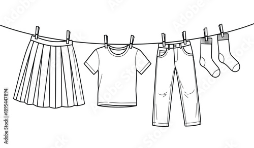 Clothing items hanging on a clothesline with a skirt, tshirt, jeans, and socks