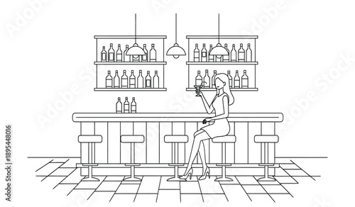 A line drawing of a man sitting at a bar counter with shelves of bottles in the background in a modern setting