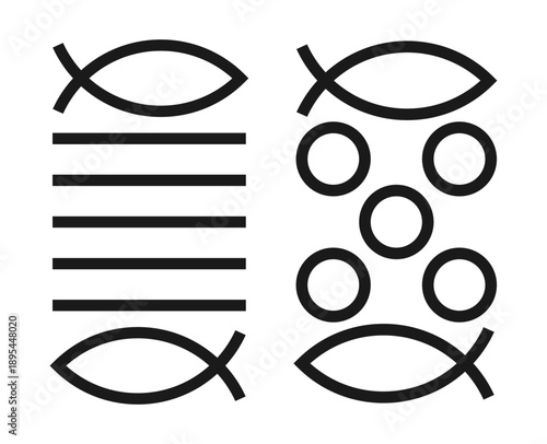 Five breads or loaves and two fish symbol. Bread miracle. Ichthys sign. Vector illustration image.
