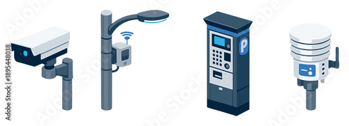 Smart city infrastructure devices in isometric flat style: traffic camera, smart streetlight, parking meter, environmental sensor. Vector icons