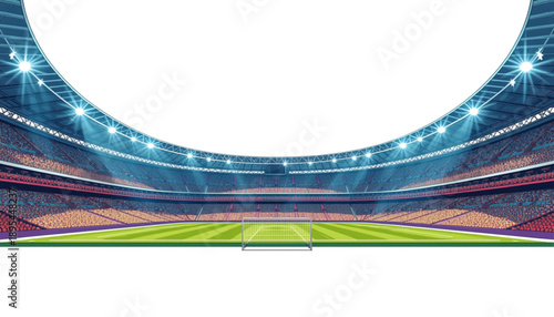 A vibrant illustration of an empty soccer stadium with a green field and bright lights