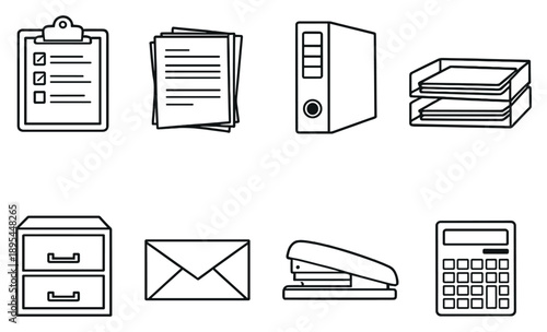 Survey and data collection supplies in linear style: clipboard, paper stack, binder, document tray, filing cabinet, envelope, stapler. Vector icons