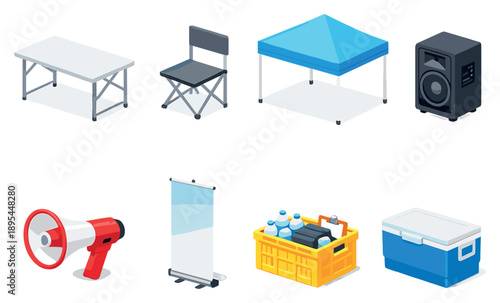 Social impact field project equipment in isometric flat style: folding table, folding chair, canopy tent, loudspeaker, megaphone, banner stand, supply crate. Vector icons