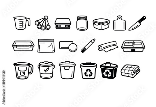 Smart consumption mindful kitchen tools in linear style: measuring cup, measuring spoon, kitchen scale, glass jar, airtight container. Vector icons