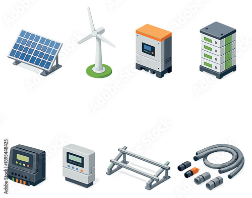 Renewable energy equipment in isometric flat style: solar panel, wind turbine, inverter box, battery pack, charge controller, power meter, mounting rack, cable. Vector icons