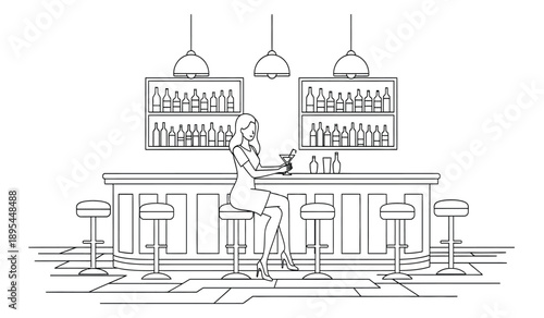 Line drawing of a woman sitting at a bar with stools and shelves of bottles in the background
