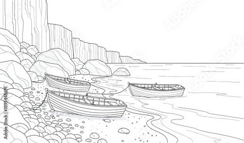 A black and white illustration of a boat on a rocky beach with cliffs in the background
