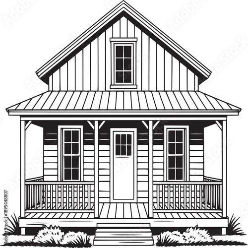 A black and white line drawing of a small house with a porch and a gable roof design outline