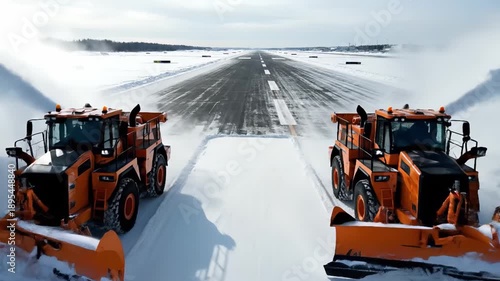 Two powerful snowplow trucks clearing snow on an airport runway in winter for efficient winter operations concept and safe aviation