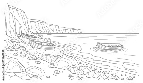 A serene coastal scene with two small boats on the shore near a cliff