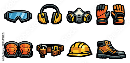 Carpenter safety gear in bold style: safety goggles, ear protector, dust mask, work gloves, knee pads, hard hat, tool belt, steel boots. Vector icons