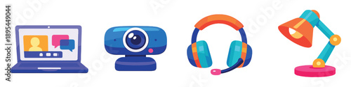 Remote collaboration home office gear in flat style: laptop, webcam, headset, desk lamp. Vector icons