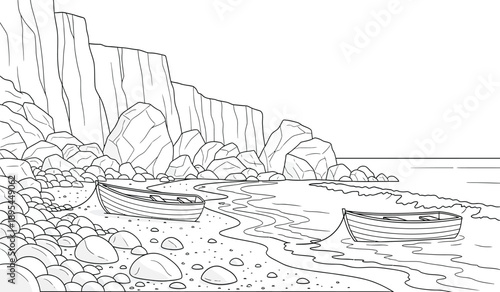A serene black and white illustration of a rocky coastline with a small boat floating on calm waters near the shore