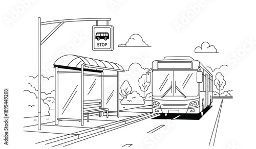 A black and white illustration of a bus pulling up to a bus stop with a shelter and a sign on a pole