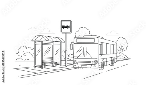 A black and white line drawing of a bus stop with a bus and a person waiting on the sidewalk