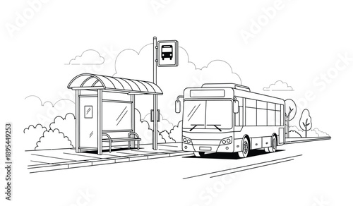 A black and white line drawing of a bus driving past a bus stop on a road with a traffic signal and trees in the background