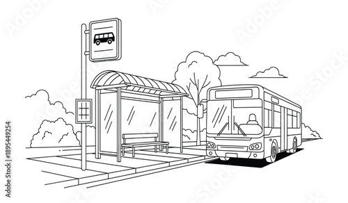 A black and white line drawing of a bus pulling up to a bus stop on a sidewalk with trees and clouds in the background