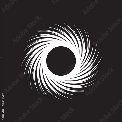 A swirling vortex of white lines converging towards a central black circle on a black background