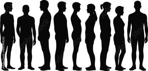 Human body silhouette set, men women standing side view poses, anatomy proportions reference, black vector illustration
