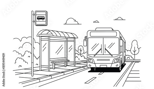 A black and white line drawing of a bus driving down a road next to a bus stop with a sign and trees