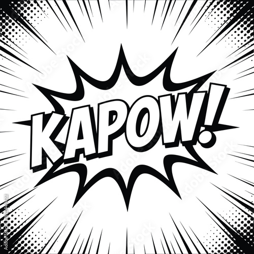 Comic Silhouette Vector Featuring Bold “KAPOW!” Text in Starburst Shape with Radial Lines and Halftone Dot Pattern