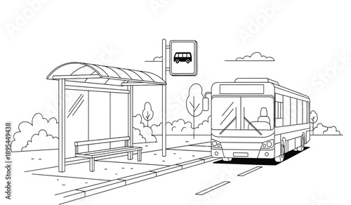 A black and white line drawing of a bus pulling up to a bus stop with a person waiting on the bench