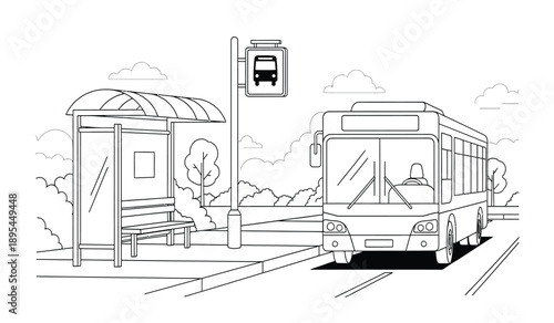 A black and white illustration of a bus pulling up to a bus stop with a sign and a bench on a sunny day with trees and clouds in the background