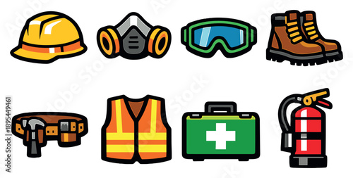 Straw bale housing site safety gear in bold style: hard hat, dust mask, safety goggles, work boots, tool belt, high visibility vest, first aid kit, fire. Vector icons