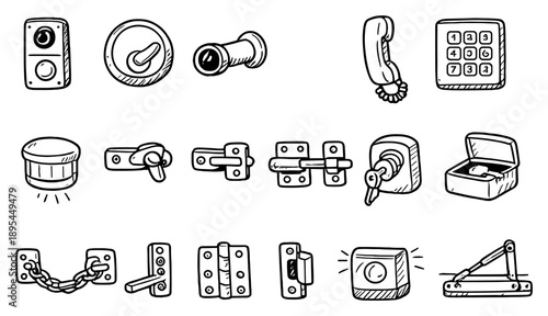 Residential access control devices in doodle style: doorbell camera, deadbolt lock, peephole viewer, intercom handset, wall keypad, motion. Vector icons