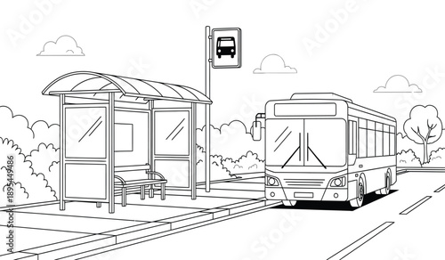 A black and white illustration of a bus stop with a bus driving by on the road next to it with trees and clouds in the background
