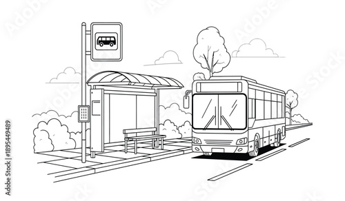 A black and white illustration of a bus stop with a bus arriving at the curb in a suburban or rural area with trees and bushes