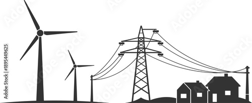 Renewable energy and power distribution silhouette showing wind turbines, electricity pylons and residential houses, clean energy infrastructure vector illustration isolated on white background