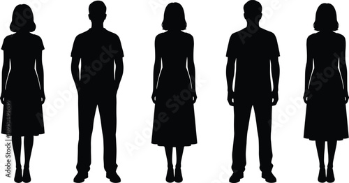 Men women silhouette set, standing front view human figures collection, body proportions reference, black vector illustration