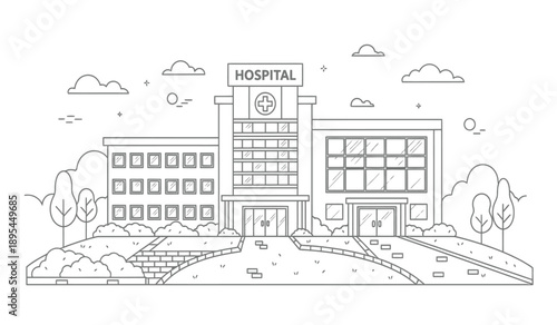 A line drawing of a hospital building with a sign and trees