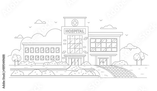 A line drawing of a hospital building with a road and trees in front of it
