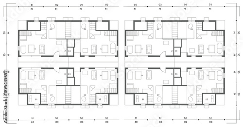 Residential apartment floor plan architectural drawing showing multi unit housing layout with room dimensions, detailed technical blueprint vector illustration isolated on white background