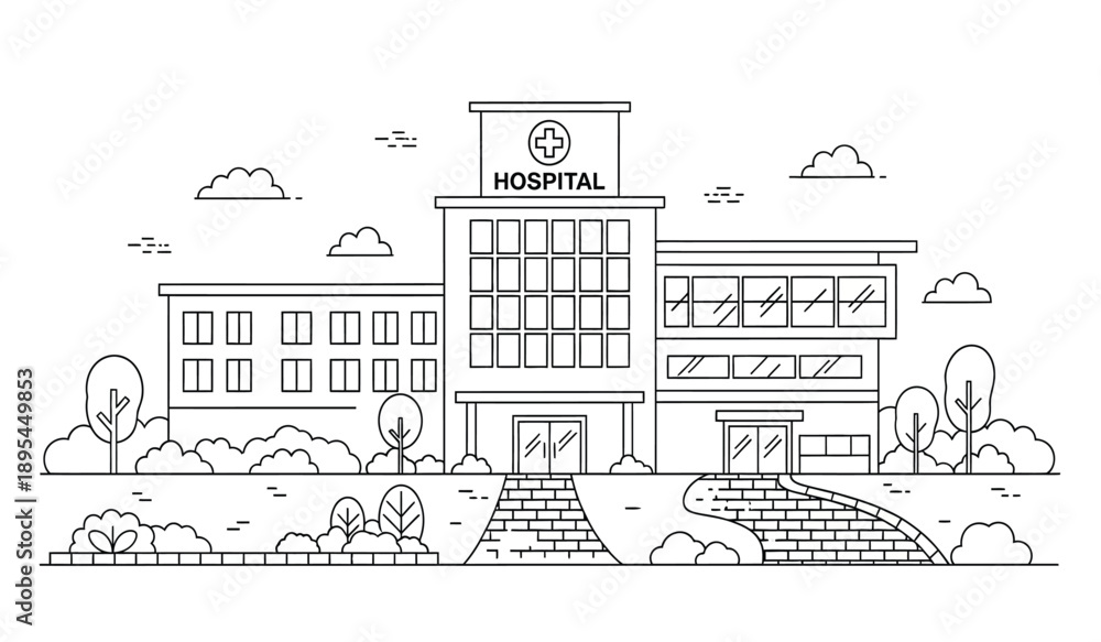 Naklejka premium A line drawing of a hospital building with a sign on top and a person standing outside on a sidewalk