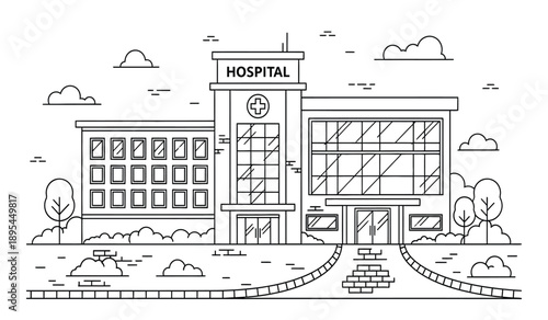 A black and white line drawing of a hospital building with a clock tower and a road leading to the entrance
